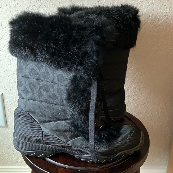 Coach: Black Jennie (Q522) Rabbit Fur Trim Jacquard Winter/Snow Boots- 9B - Picture 1 of 16